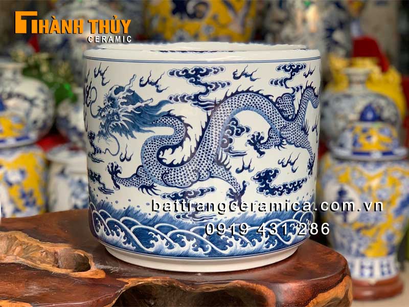 Bát hương rồng Phú Quý men Lam phi 35cm cao cấp tinh xảo