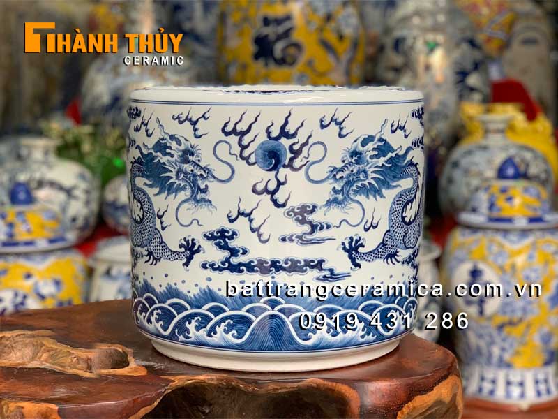 Bát hương rồng Phú Quý men Lam phi 35cm cao cấp tinh xảo