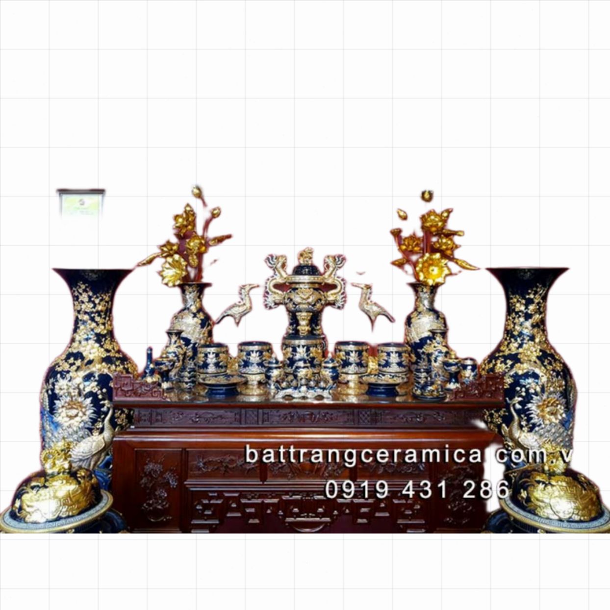 Bộ thờ gốm sứ vẽ vàng 24k sang trọng tinh xảo màu xanh lam 