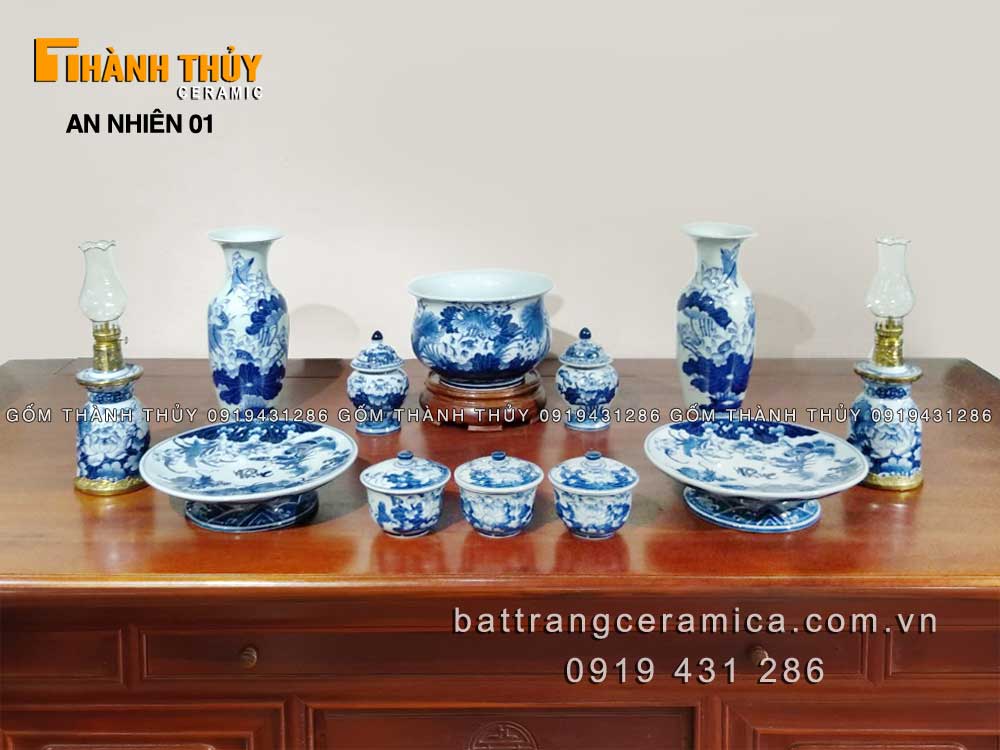Bộ thờ Bát Tràng quả lựu vẽ sen sang trọng chuẩn phong thủy 