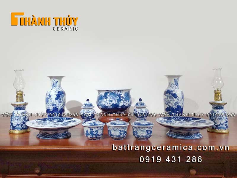 Bộ thờ Bát Tràng quả lựu vẽ sen sang trọng chuẩn phong thủy