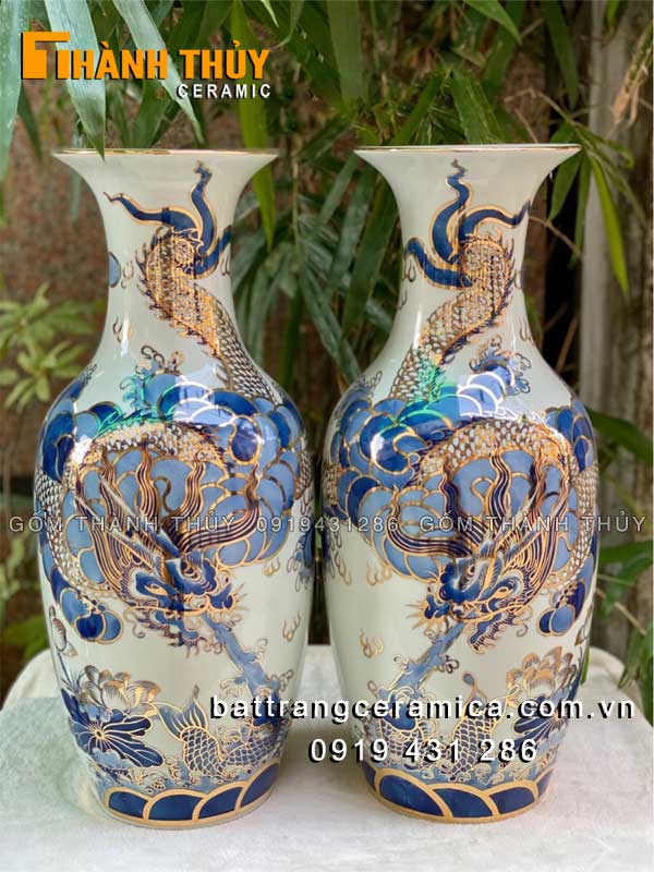 Lộc bình vẽ vàng Long cuốn thuỷ 52 cm hút tài lộc may mắn