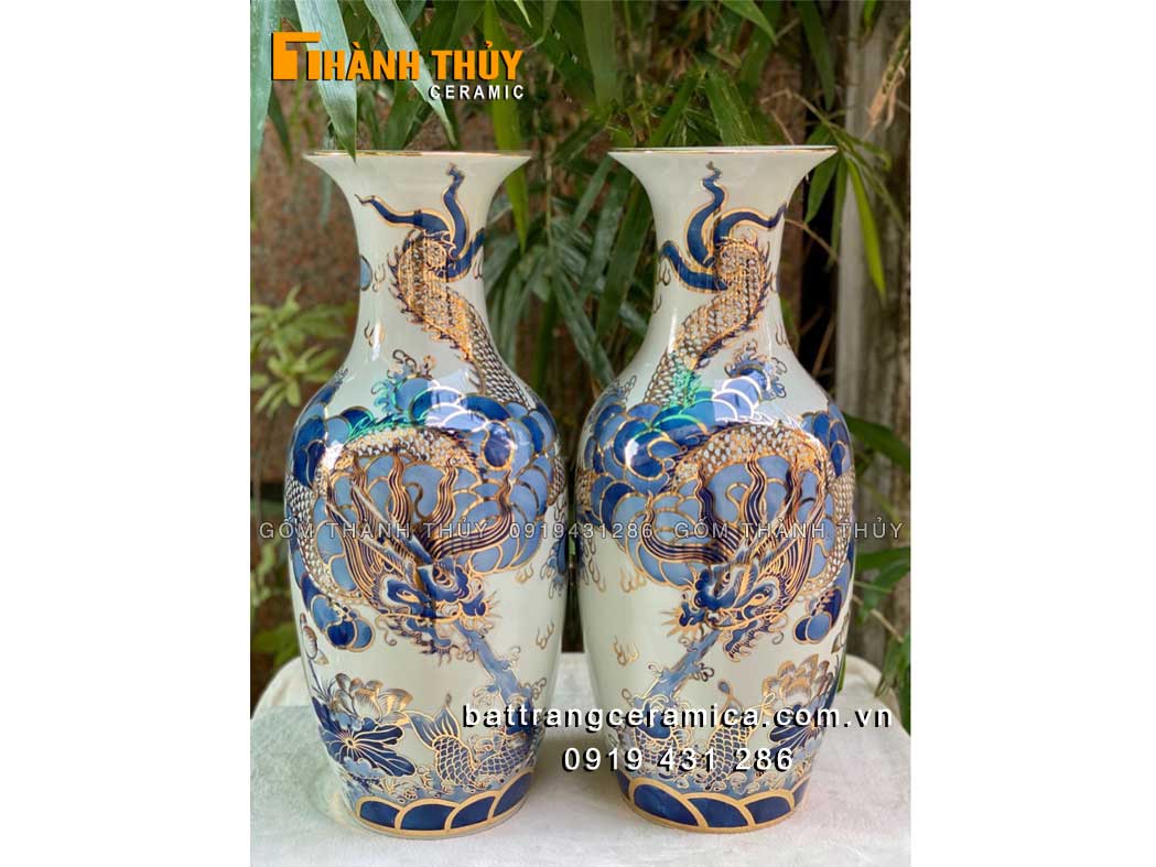 Lộc bình vẽ vàng Long cuốn thuỷ 52 cm hút tài lộc may mắn 