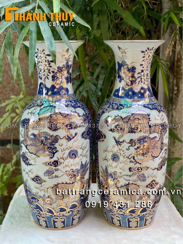 Lọ lộc bình Tứ Linh 60cm gốm sứ Bát Tràng vẽ vàng 24k sang trọng