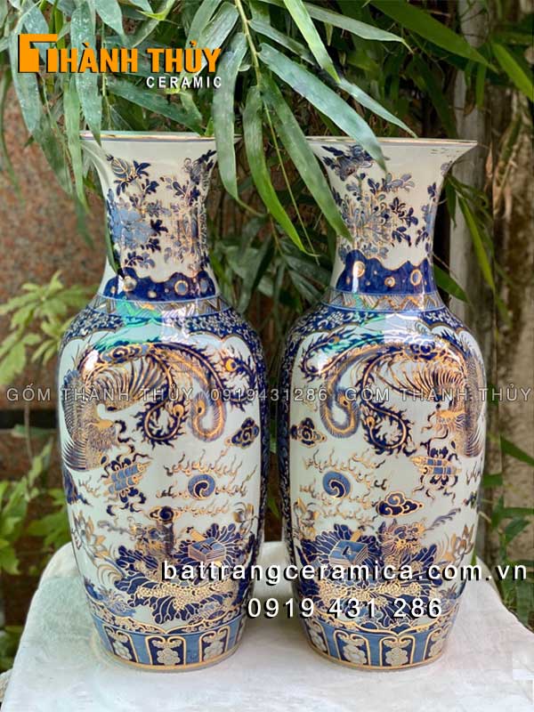 Lọ lộc bình Tứ Linh 60cm gốm sứ Bát Tràng vẽ vàng 24k sang trọng
