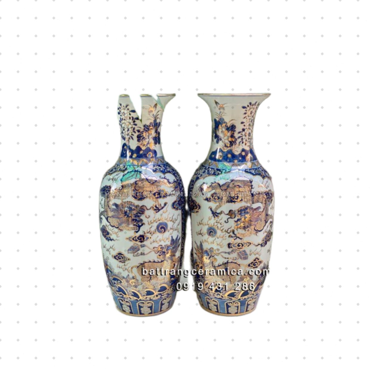 Lọ lộc bình Tứ Linh 60cm gốm sứ Bát Tràng vẽ vàng 24k sang trọng 