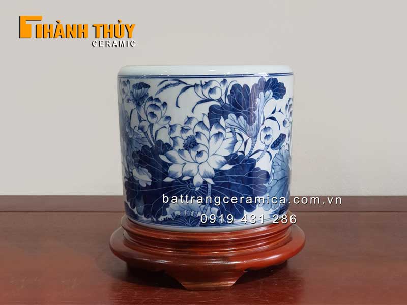 Bộ đồ thờ Phật vẽ hoa sen cao cấp An nhiên 03 chuẩn men Lam sang trọng