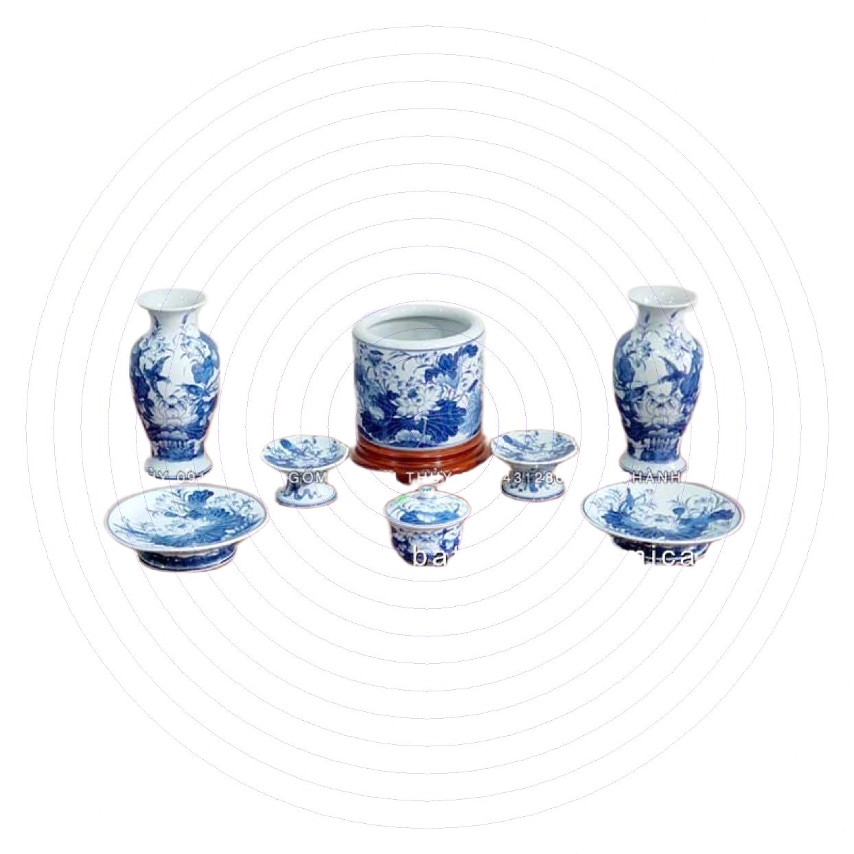 Bộ đồ thờ Phật vẽ hoa sen cao cấp An nhiên 03 chuẩn men Lam sang trọng 