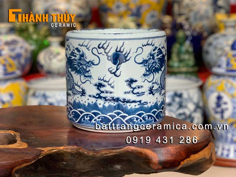 Bát hương Bát Tràng 22cm vẽ rồng phú quý cao cấp đẹp 