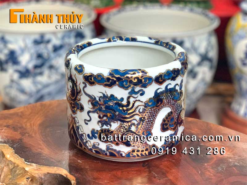 Bát hương vẽ vàng xanh lam 22cm sang trọng đồ thờ cao cấp Bát Tràng 