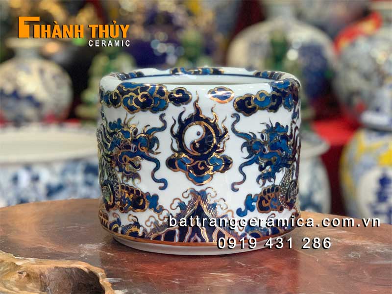 Bát hương vẽ vàng xanh lam 22cm sang trọng đồ thờ cao cấp Bát Tràng