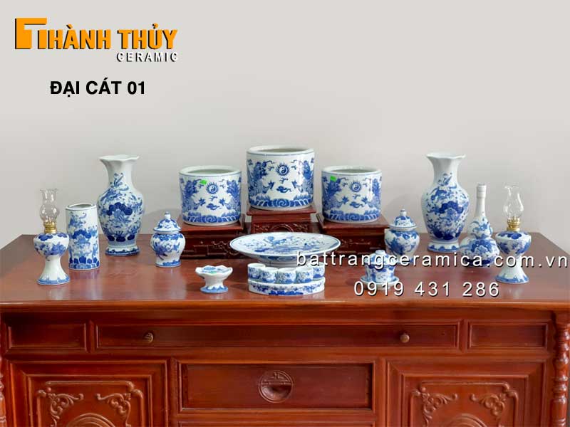 Bộ đồ thờ gia tiên men Lam Bát Tràng – Đại cát, sang trọng, bền đẹp 