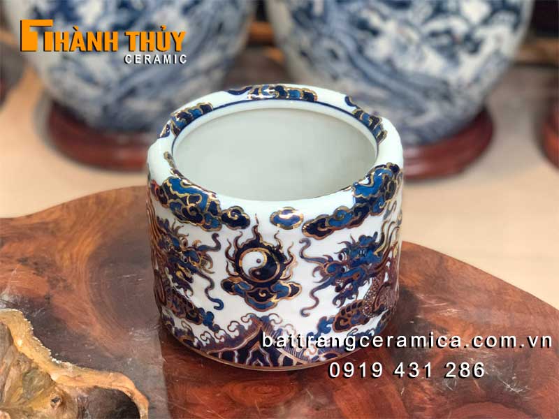 Bát hương vàng men Lam phi 20cm cao cấp Rồng vẽ tay