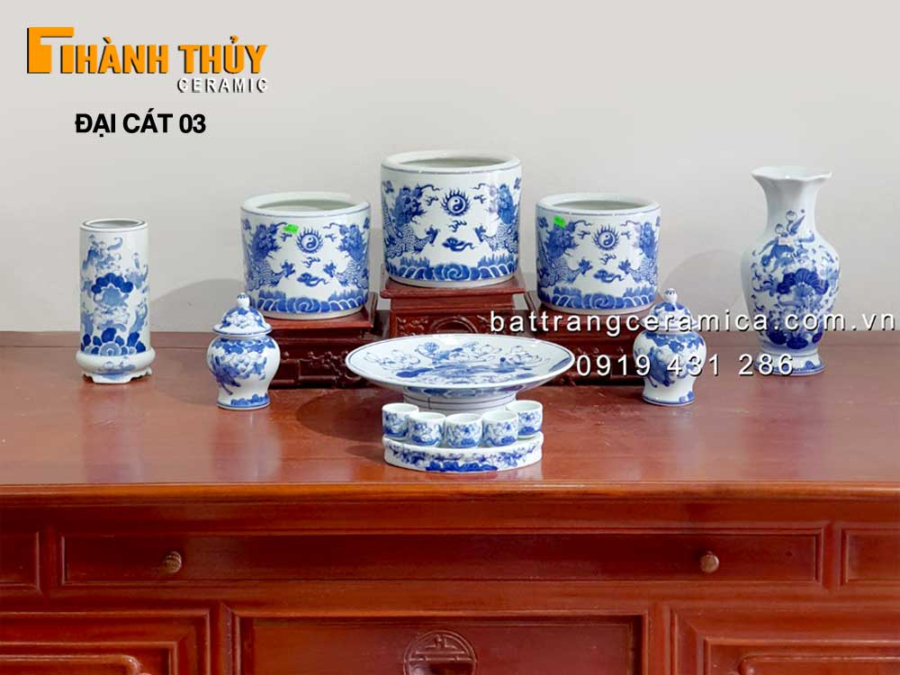 Bộ đồ thờ cúng men Lam Bát Tràng Đại cát 03 trang nghiêm sang trọng giá tốt