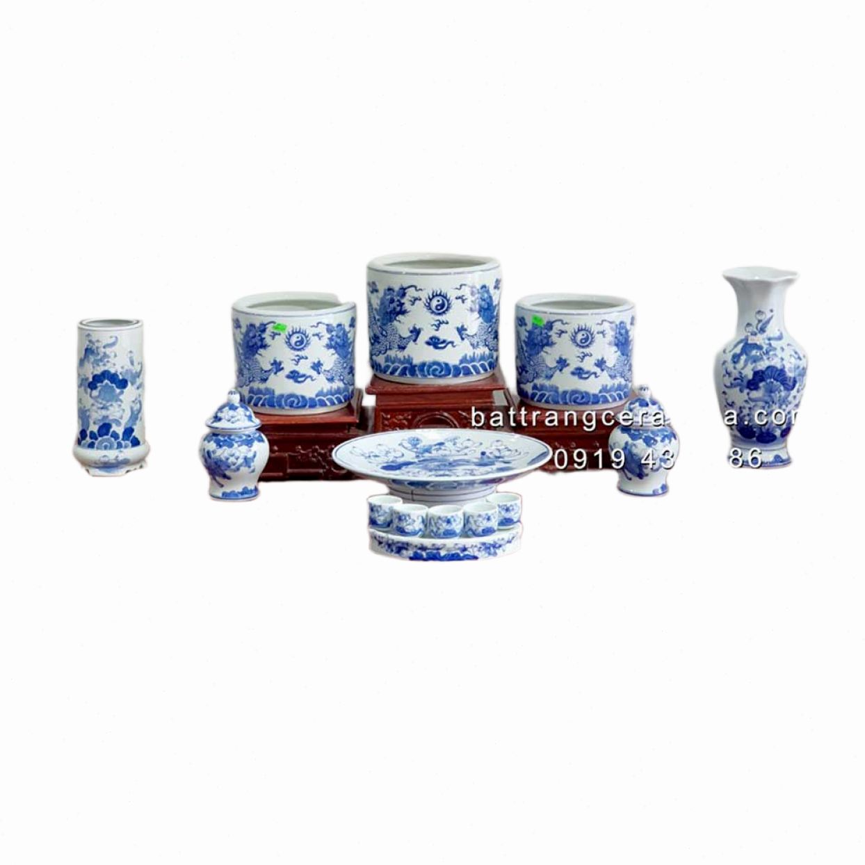 Bộ đồ thờ cúng men Lam Bát Tràng Đại cát 03 trang nghiêm sang trọng giá tốt 
