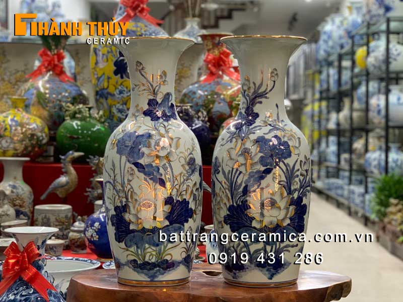 Tiểu lộc bình hoa sen vàng 24k cao 60cm may mắn sang trọng Bát Tràng
