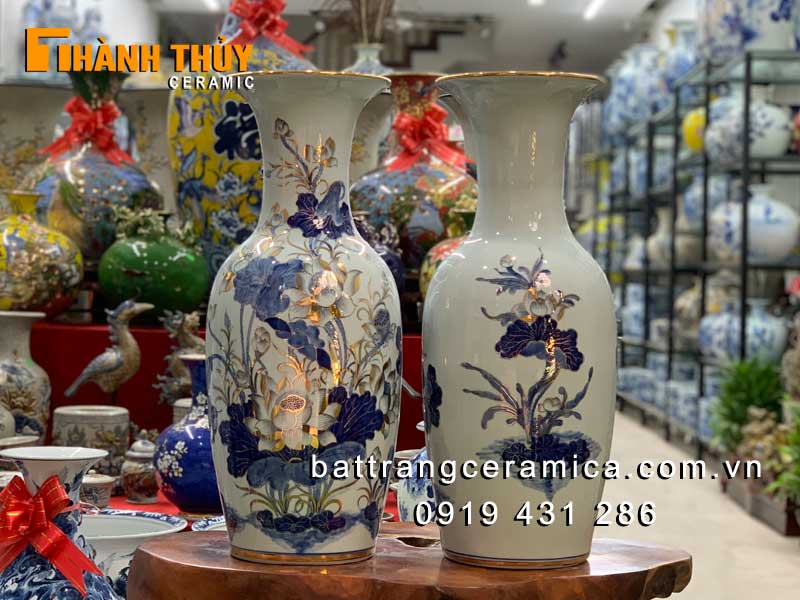 Tiểu lộc bình hoa sen vàng 24k cao 60cm may mắn sang trọng Bát Tràng