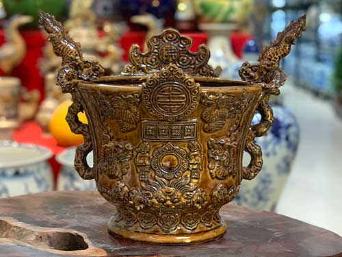 Lư hương giả cổ Lê đường kính 30 cm đồ thờ Bát Tràng hoa văn nổi 