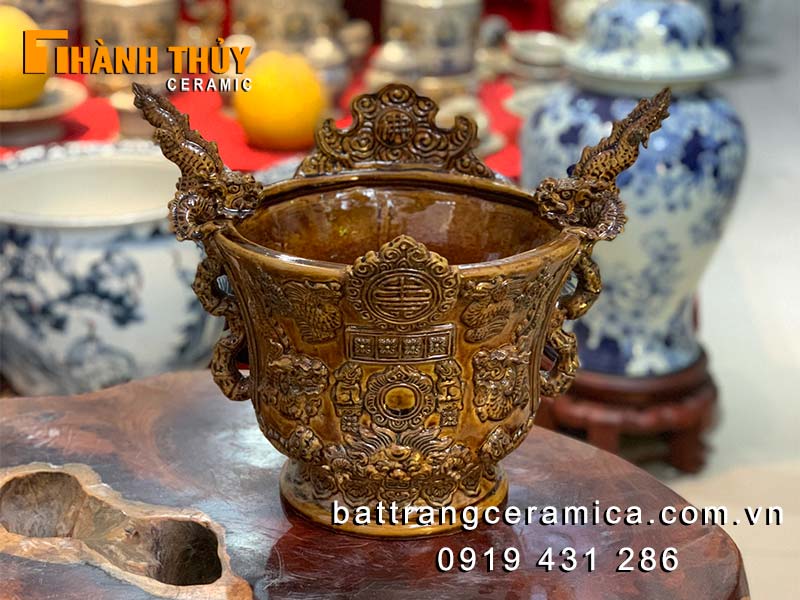 Lư hương cổ thời Lê 25cm men da lươn tinh xảo đắp nổi thủ công