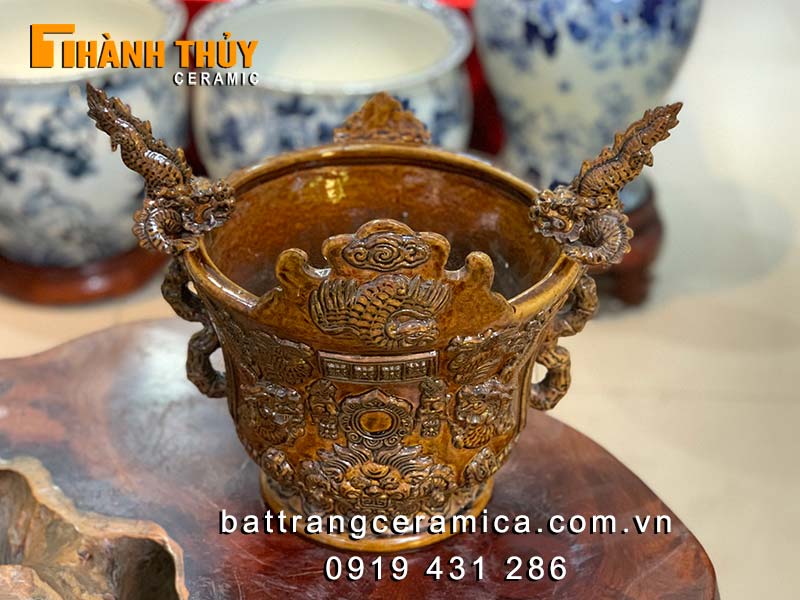 Lư hương cổ thời Lê 25cm men da lươn tinh xảo đắp nổi thủ công
