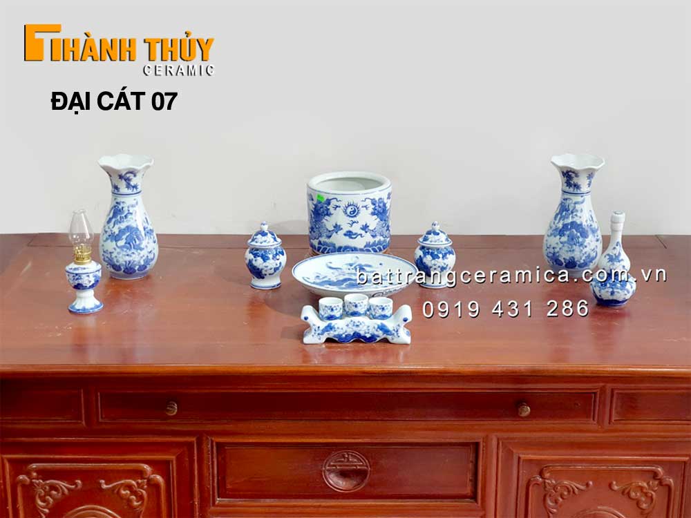 Bộ đồ thờ Bát Tràng men Lam cao cấp Đại cát 07 Chất lượng tốt