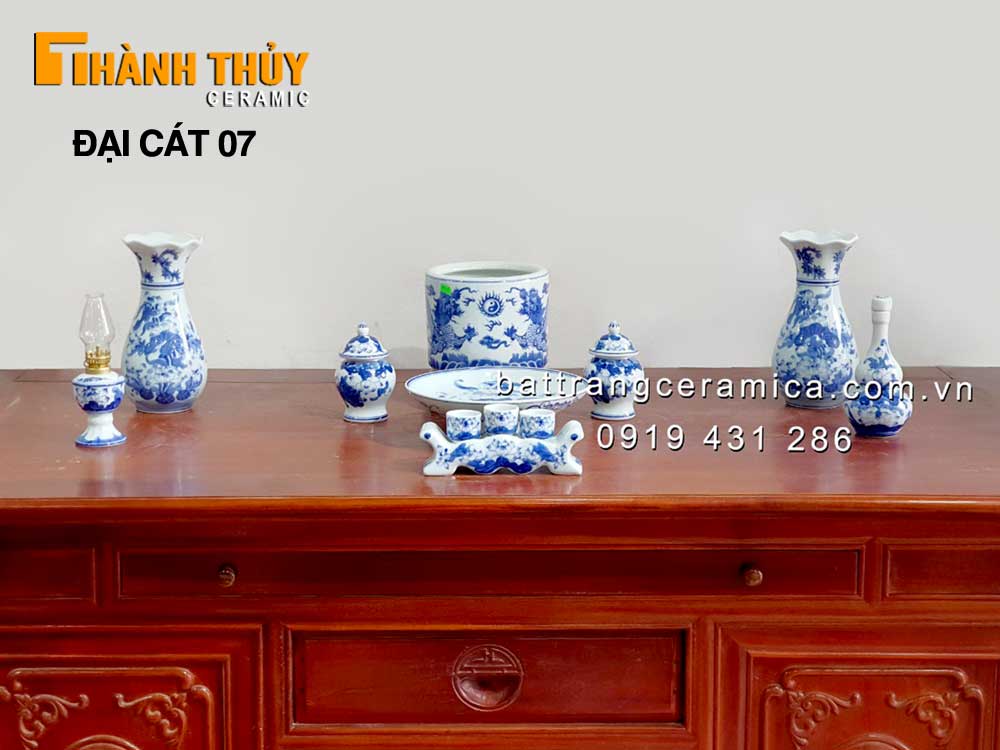 Bộ đồ thờ Bát Tràng men Lam cao cấp Đại cát 07 Chất lượng tốt