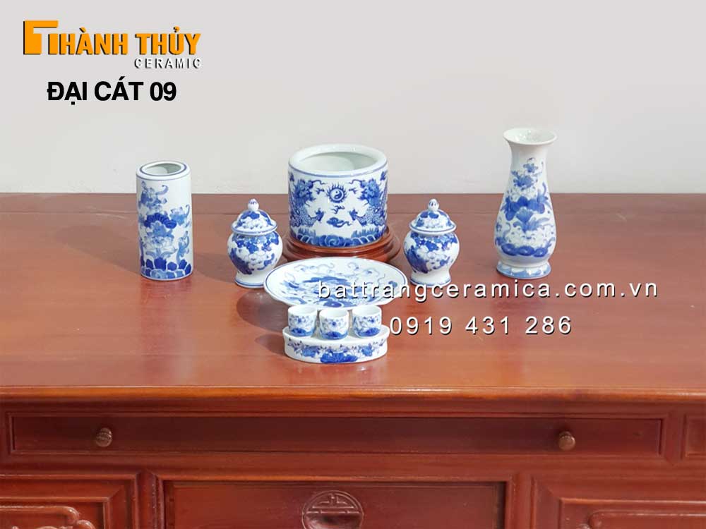 Bộ đồ thờ Bát Tràng xanh Lam đẹp sang trọng chuẩn phong thủy