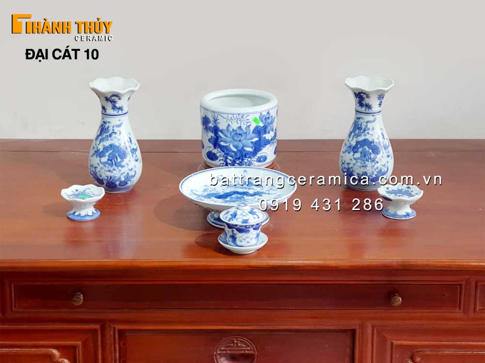 Bộ đồ thờ hoa sen men Lam Đại cát 10 cao cấp Bát hương đẹp 