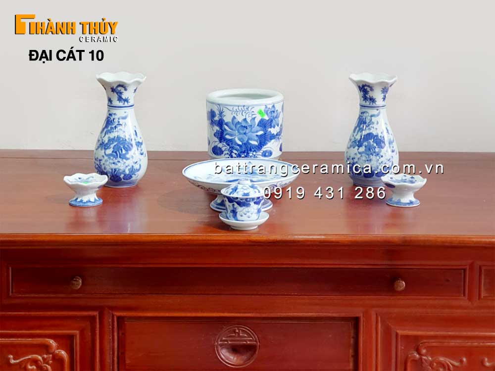 Bộ đồ thờ hoa sen men Lam Đại cát 10 cao cấp Bát hương đẹp