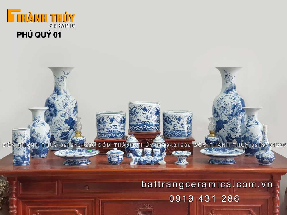 Bộ đồ thờ Bát Tràng men Lam Phú Quý cao cấp đẹp sang trọng 