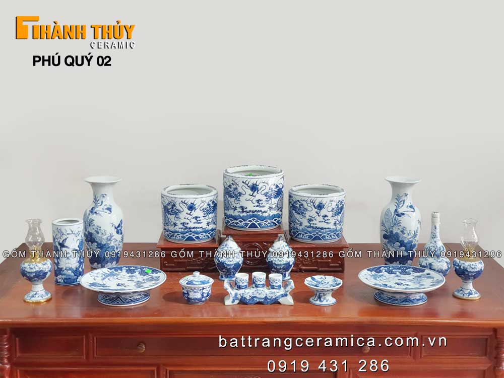 Bộ đồ thờ Bát Tràng men xanh Lam Phú quý 02 độc đáo sang trọng 