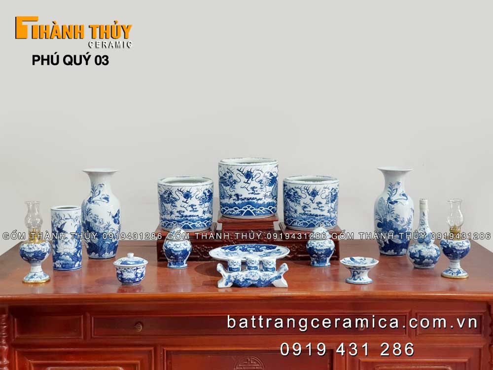 Bộ đồ thờ Bát Tràng men xanh Lam cao cấp Phú quý 03 sang trọng chuẩn phong thủy