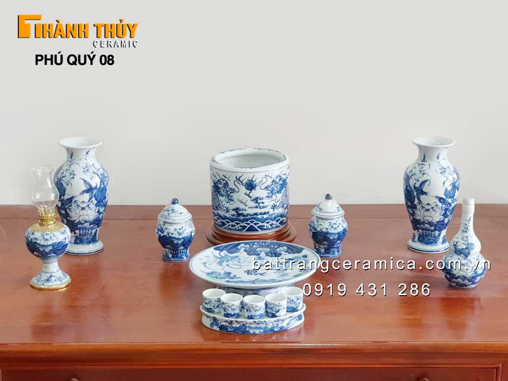 Bộ đồ thờ rồng phú quý cao cấp, men Lam Bát Tràng, tặng phẩm ý nghĩa 