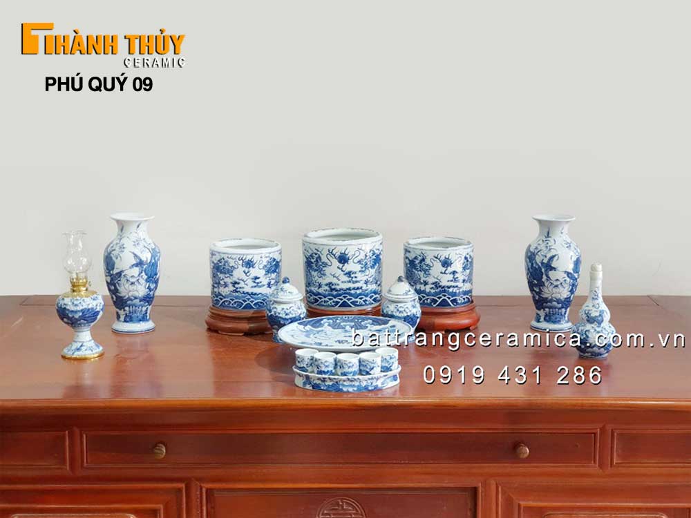 Bộ đồ thờ sứ Bát Tràng men Lam cao cấp Phú quý 09 chuẩn phong thủy 