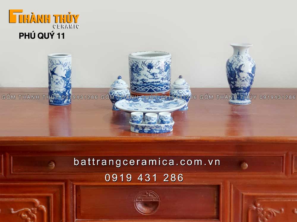 Bộ đồ thờ gốm Bát Tràng men Lam cao cấp Phú quý11 đẹp sang trọng 