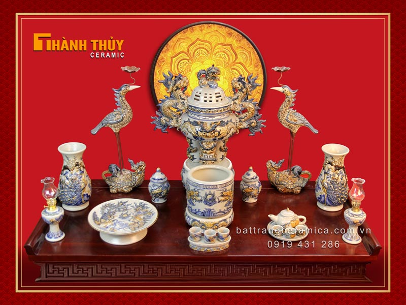Bộ đồ thờ sứ Bát Tràng Phúc Ấm Gia Tiên mẫu 11 cao cấp đẹp
