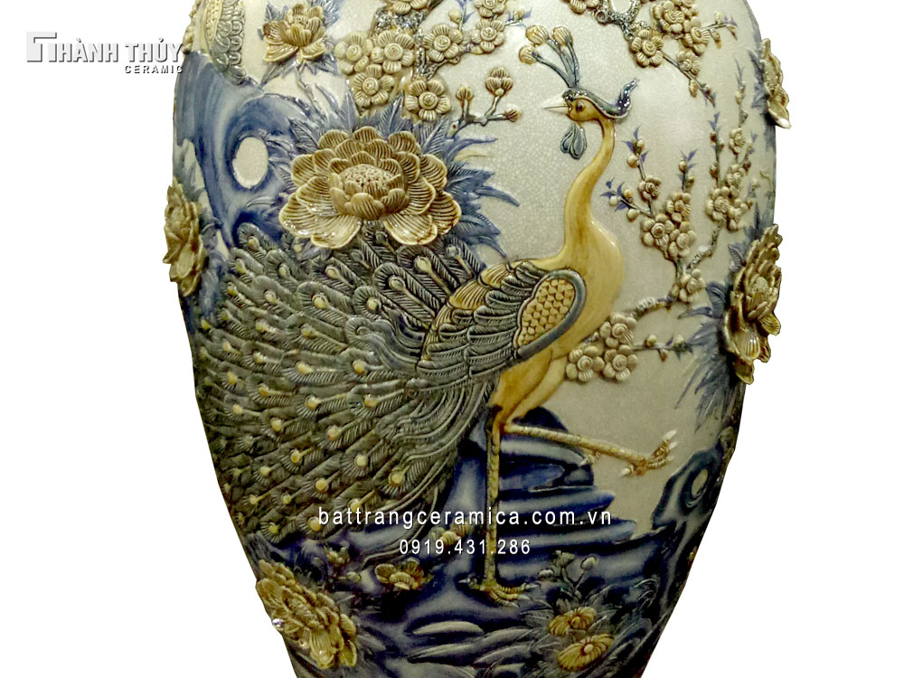 Bình hoa chim công men rạn đắp nổi sang trọng đẹp độc đáo