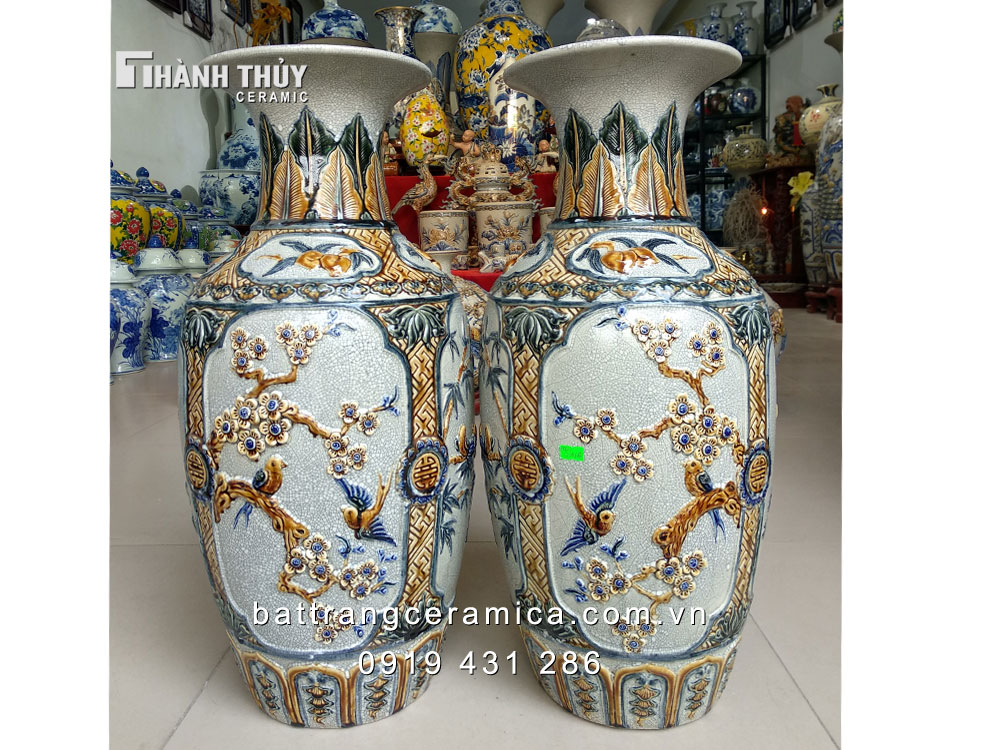 Lộc bình tứ cảnh 63cm đắp nổi bụng béo may mắn tài lộc