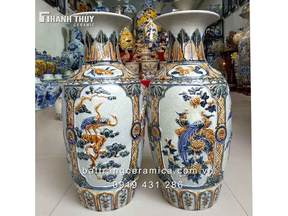 Lộc bình tứ cảnh 63cm đắp nổi bụng béo may mắn tài lộc