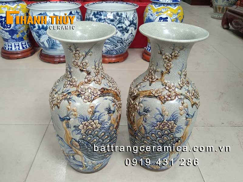 Lộc bình Công Đào 47cm dáng béo men rạn độc đáo sang trọng