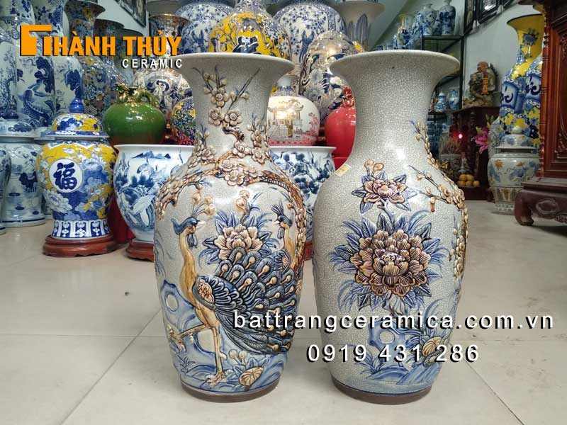 Lộc bình Công Đào 47cm dáng béo men rạn độc đáo sang trọng