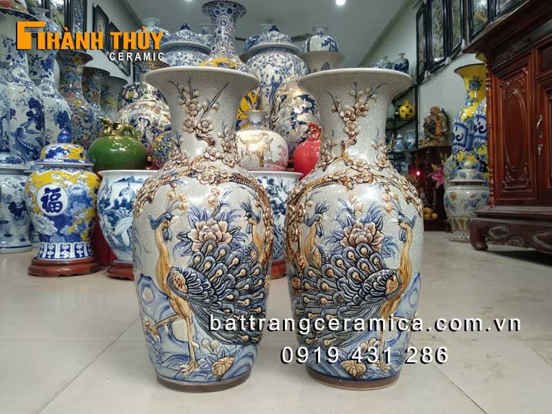 Lộc bình Công Đào 47cm dáng béo men rạn độc đáo sang trọng 