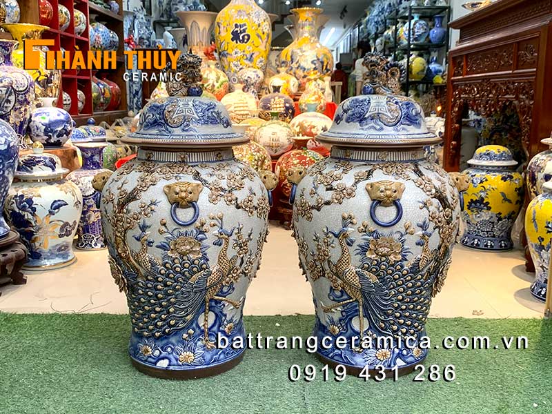 Chóe bầy Công Đào men rạn đắp nổi 46cm phong thủy may mắn 