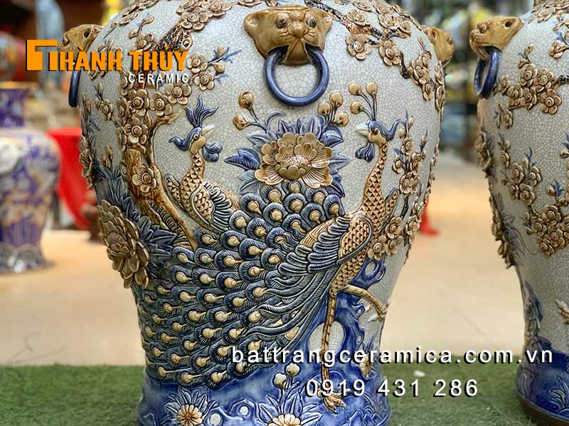 Chóe bầy Công Đào men rạn đắp nổi 46cm phong thủy may mắn