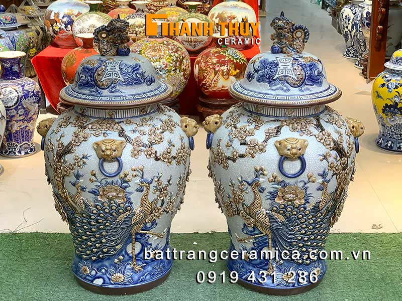 Chóe bầy Công Đào men rạn đắp nổi 46cm phong thủy may mắn