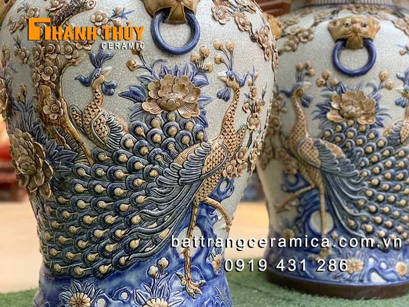 Chóe bầy Công Đào men rạn đắp nổi sang trọng 60cm đẹp