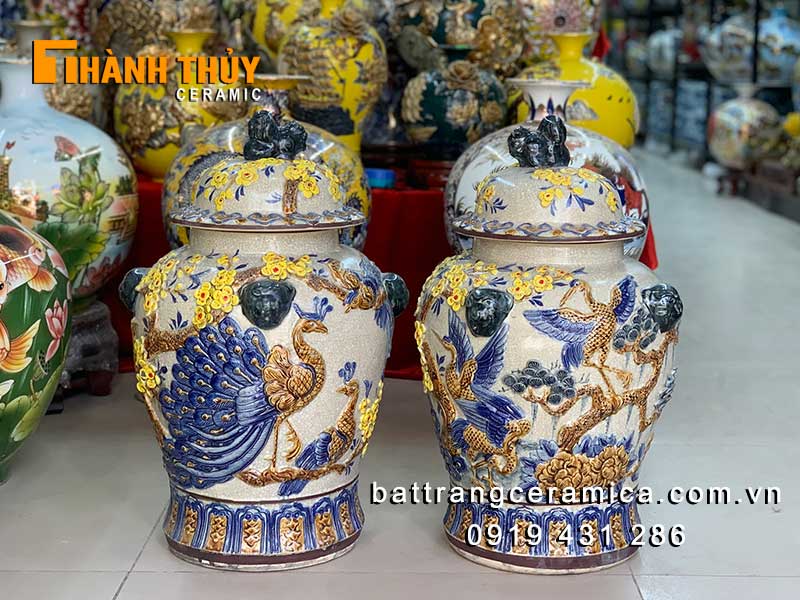 Đôi chóe sứ chim công hoa đào Bát Tràng 20L đẹp phát tài