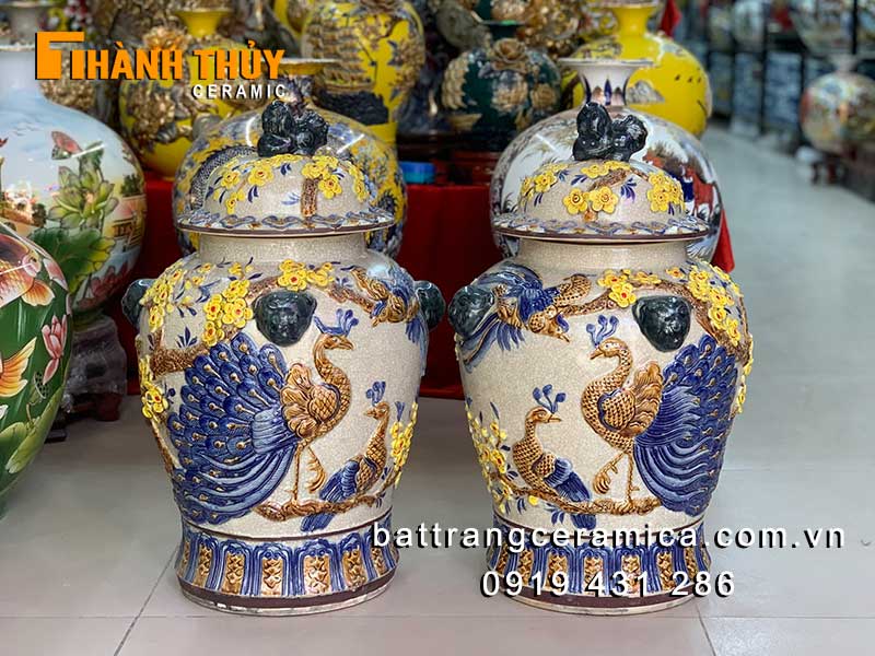 Đôi chóe sứ chim công hoa đào Bát Tràng 20L đẹp phát tài 