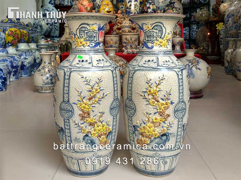 Đôi Lọ Lộc Bình Tứ Cảnh 60cm Gốm Sứ Bát Tràng Trang Trí Phong Thủy