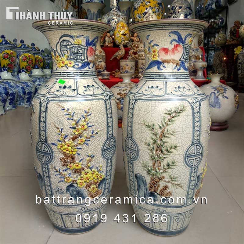 Đôi Lọ Lộc Bình Tứ Cảnh 60cm Gốm Sứ Bát Tràng Trang Trí Phong Thủy